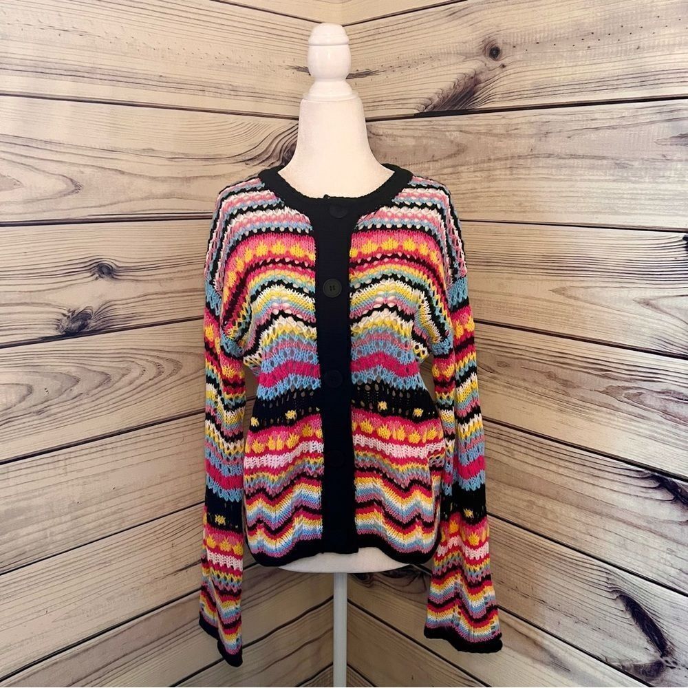 C+d+m Colorful Patterned Knit Button Down Cardigan